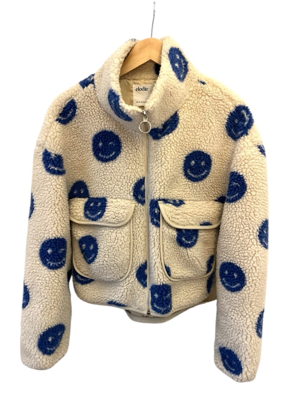 Elodie Cream Sherpa Jacket with Blue Smiley Dots